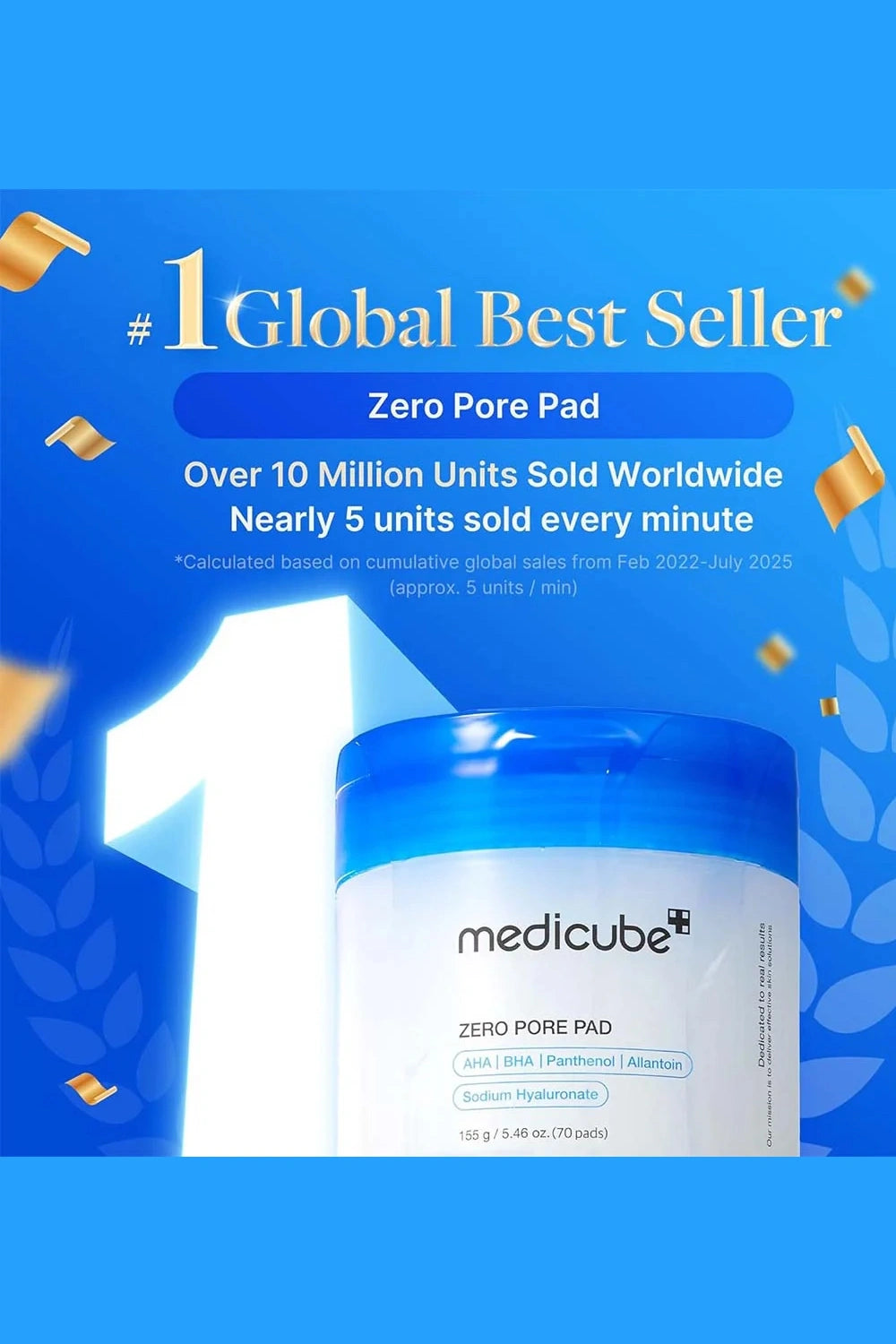 Medicube Zero Pore Pad jar with '#1 Global Best Seller' text on a blue background