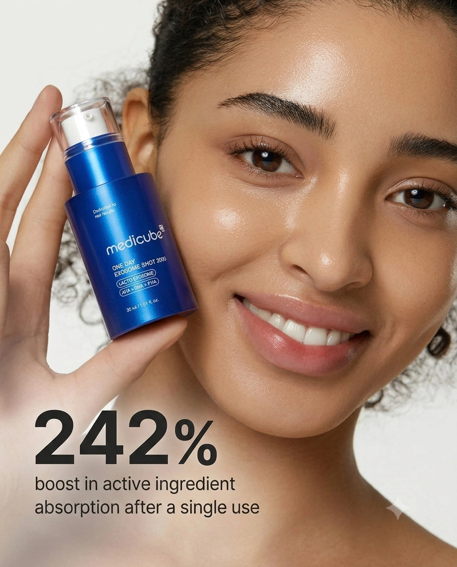 A close-up of a smiling woman holding a blue MediciCube skincare bottle next to her face, with promotional text reading '242% boost in active ingredient absorption after a single use' on a light background.