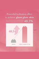 Advertisement for a skincare product showing hydration improvement with a pink background.