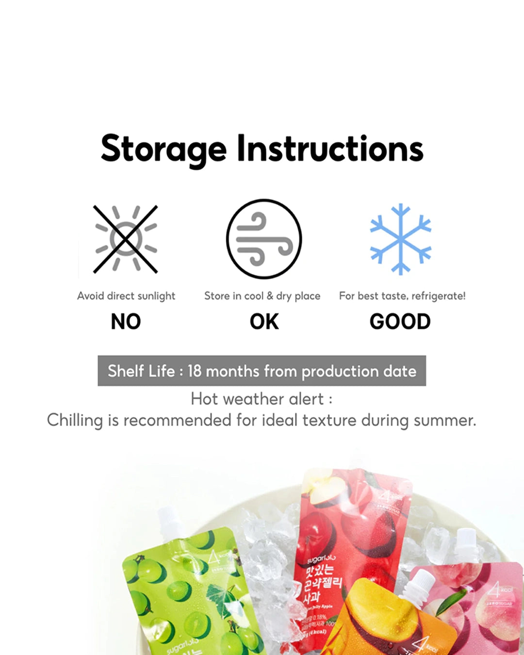 Storage instructions graphic for Korean fruit pouches, showing icons and text for avoiding direct sunlight, storing in a cool dry place, keeping it good, shelf life of 18 months, and hot weather alerts, with colorful fruit pouches and ice at the bottom.