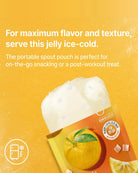 Promotional graphic for a portable spout pouch of jelly ice-cold candy. The image features a bright yellow-orange background with white text describing the product's use, a graphic of white fluffy jelly ice, and the product packaging showing an orange illustration.