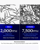 A product information graphic for a 2000 PPM and 7500 PPM ampoule set, showing two comparison panels of hair fibers under magnification labeled 'MILD' and 'STRONG' with recommendation text below.