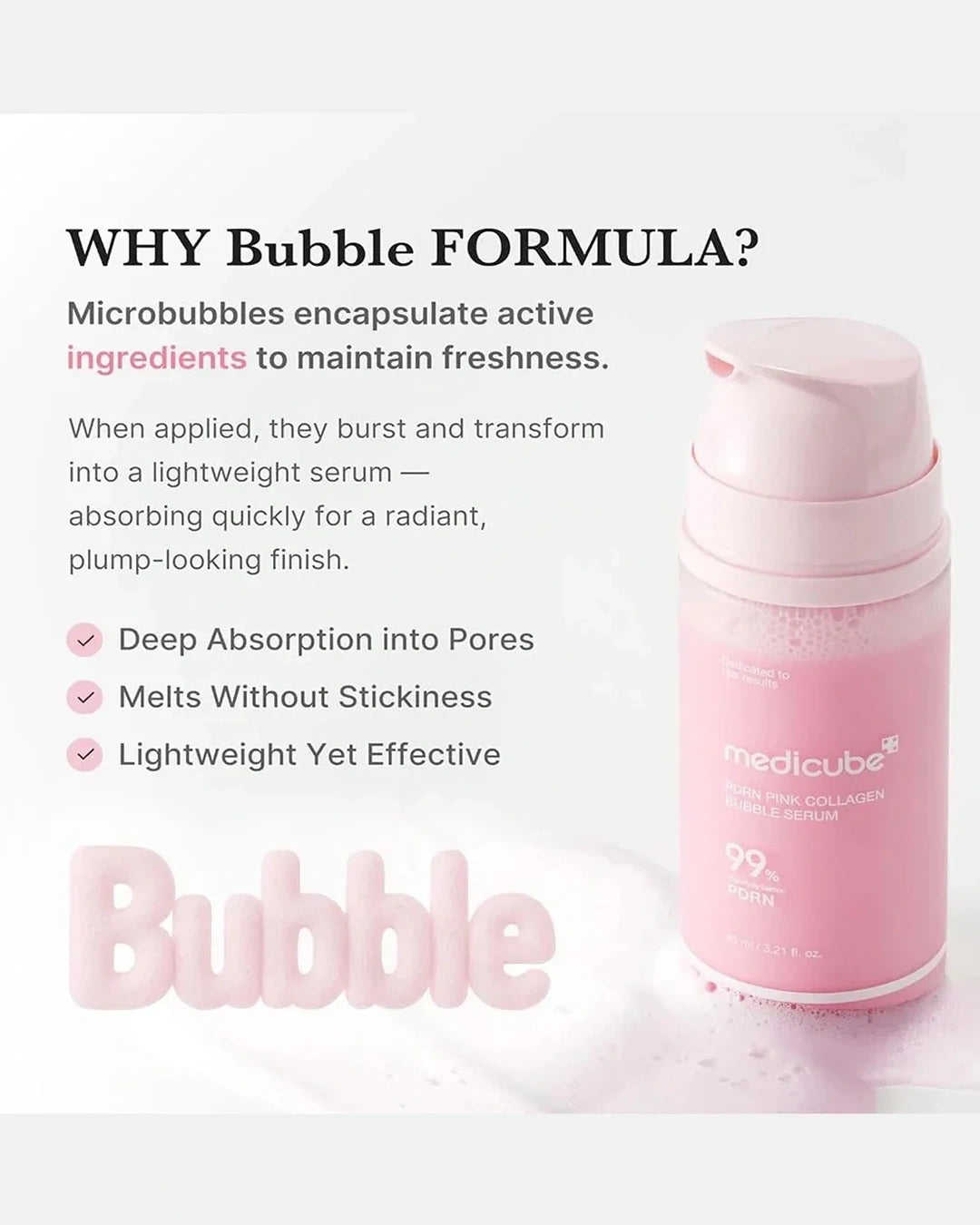 A pink Medlcube skincare pump bottle labeled '99% Pure' next to marketing text on a white background with soft pink bubble graphics.