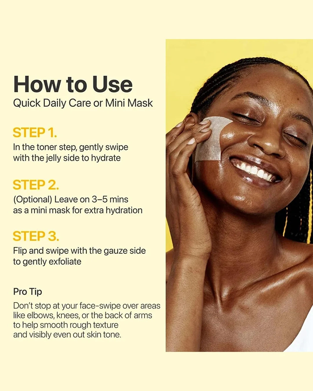 An instructional graphic titled 'How to Use Quick Daily Care or Mini Mask' with text steps on the left and a smiling woman applying a facial mask patch on the right against a pale yellow background.