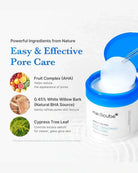 Medicube Zero Shine Pro pore care sheet mask jar with an open blue lid and white mask sheet, shown on a clean white background with ingredient callouts and text about fruit complex, white willow bark, and cypress tree leaf.