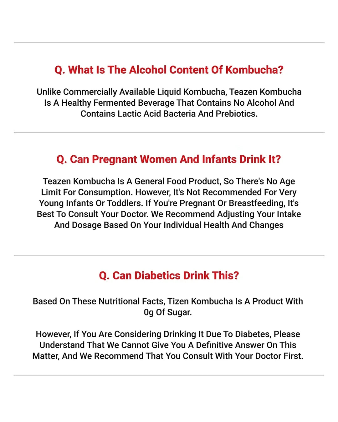 A digital informational page with white background and red headings, containing questions and explanatory text about kombucha, including alcohol content, pregnancy safety, and diabetes considerations.