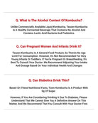 A digital informational page with white background and red headings, containing questions and explanatory text about kombucha, including alcohol content, pregnancy safety, and diabetes considerations.