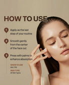 An instructional beauty graphic with the heading 'HOW TO USE' and three numbered steps showing how to apply a skincare product. A woman with closed eyes appears on the right side, touching her face, set against a warm beige background.