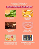 A promotional graphic for Orange Grapefruit Black Tea Zero on a peach background, with six feature panels showing tea leaves, dried orange slices, a spoon of tea leaves, a droplet, a tea cup arrangement, and a set of tea bags with text callouts.