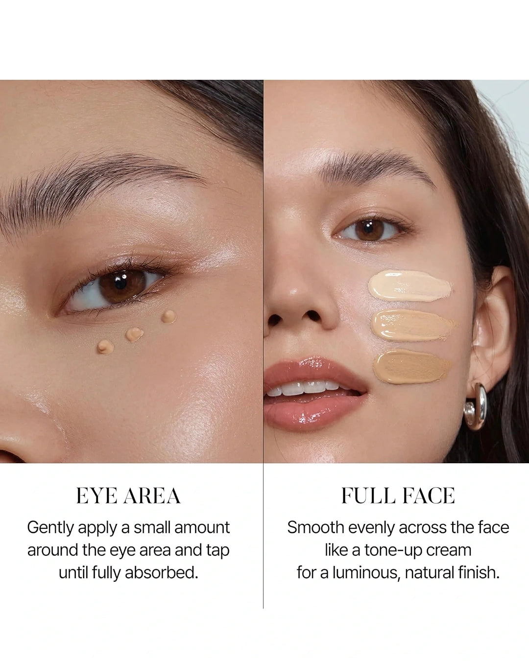 Beauty guide showing two close-up views of a model's face with foundation swatches: a small dot under the eye for the eye area, and three swatches across the cheek for full face application. Text below reads 'EYE AREA' and 'FULL FACE' with application instructions.