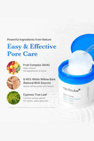 Pore care product with ingredients listed on a white background