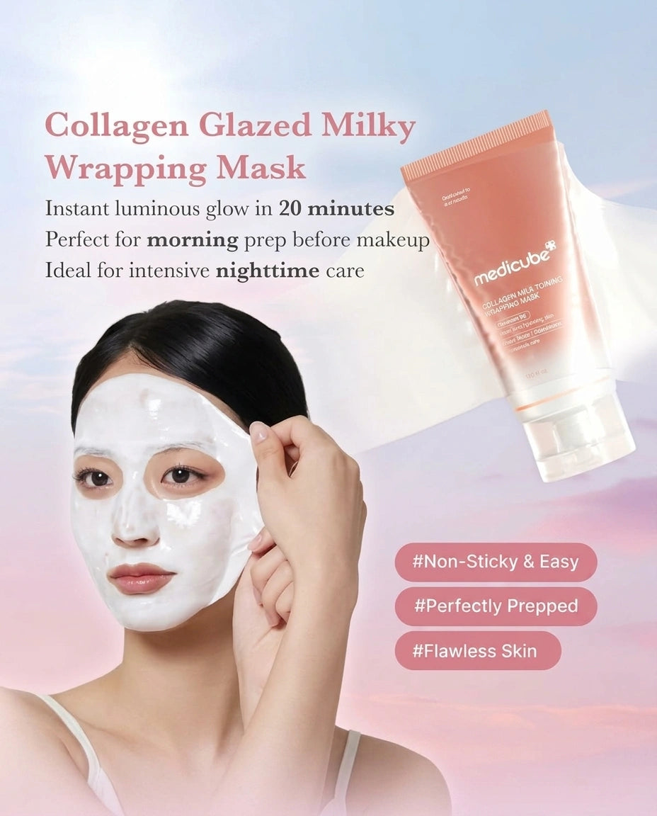 A skincare ad showing a woman with a white face mask applying a sheet or touching her cheek, alongside a peach-colored tube labeled medicbe Collagen Glazed Milky Wrapping Mask. Text highlights instant luminous glow, morning prep, and nighttime care, with pink hashtag tags on a soft pastel sky background.