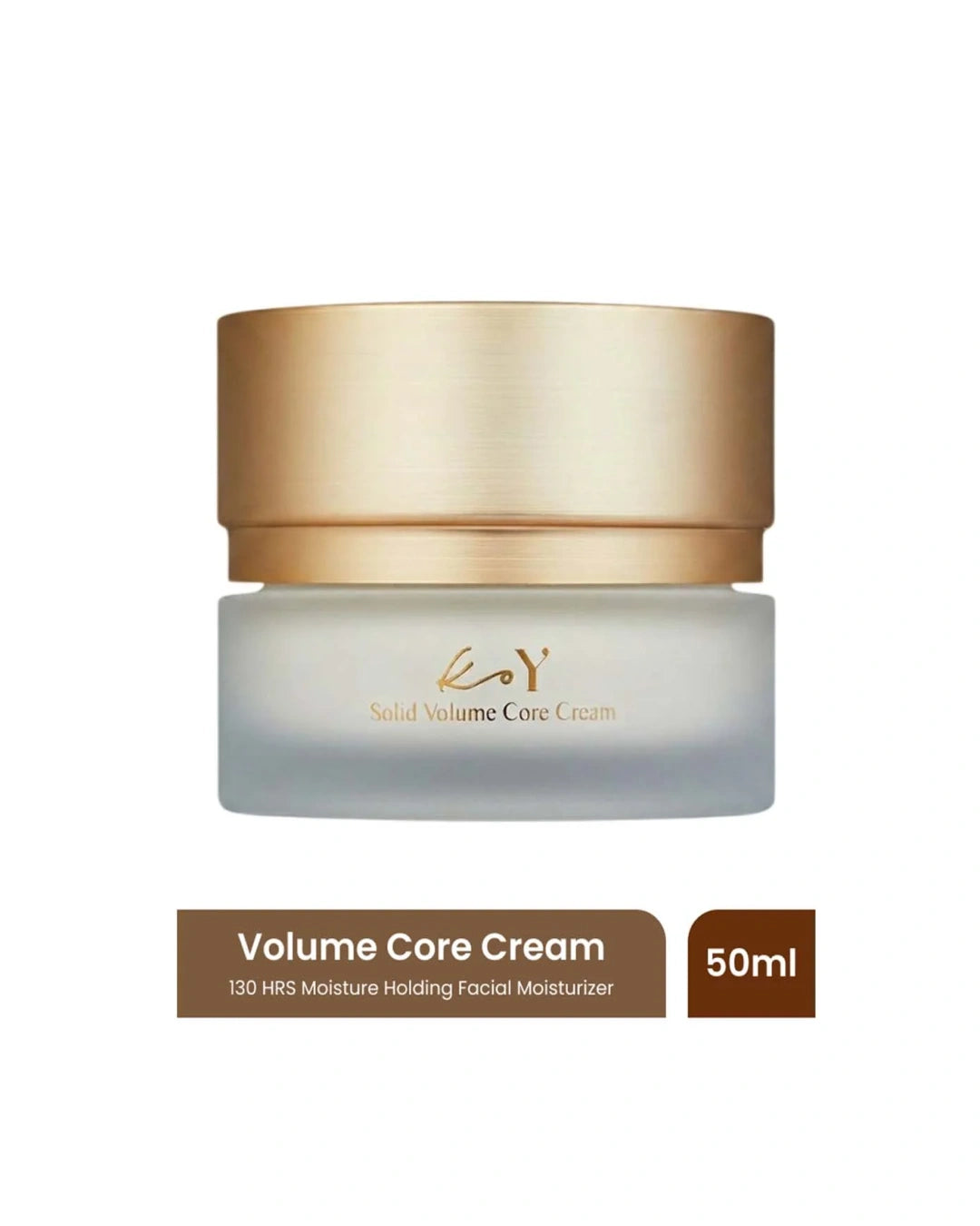 A 50ml jar of KY Solid Volume Core Cream, featuring a metallic gold lid and a frosted light blue-gray glass container. The product is shown against a plain white background with a brown and white text banner below.