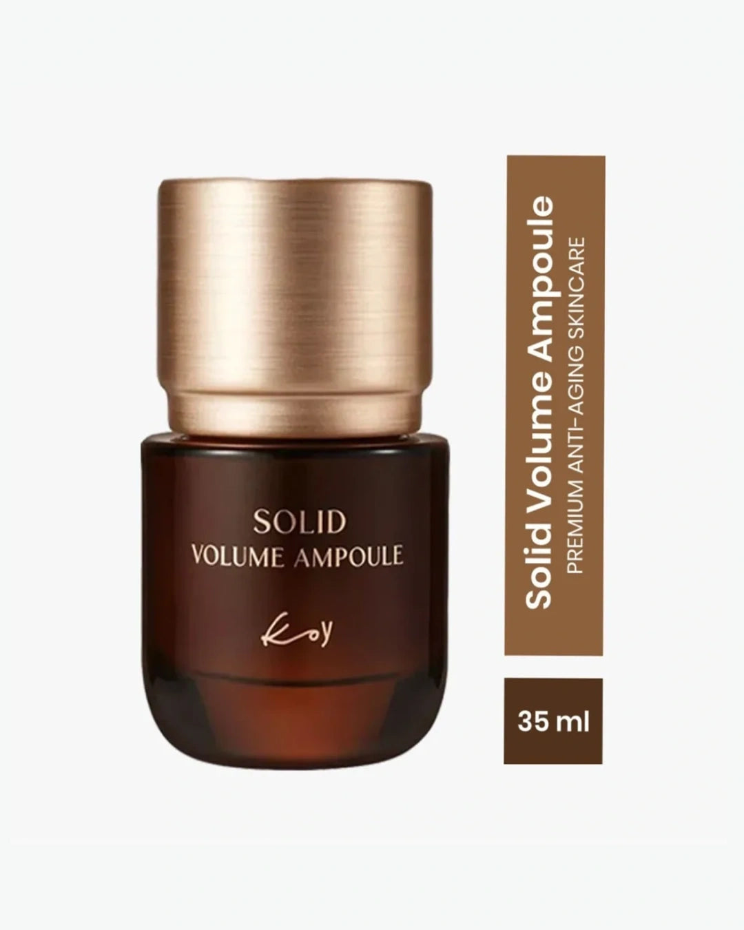 Solid Volume Ampoule premium anti-aging skincare in a dark brown bottle with a metallic gold cap, shown next to a vertical brown label indicating 35 ml.