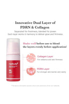 Cosmetic bottle with text about PDRN and Collagen layers on a white background