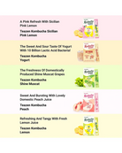 A vertical promotional graphic showing five flavors of Teazen Kombucha with their product packaging and flavor illustrations. The flavors listed are Pink Lemon, Yogurt, Shine Muscat Grapes, Peach, and Lemon.