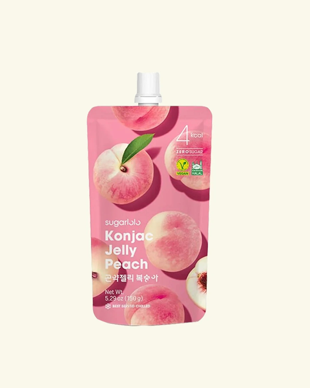 A stand-up pouch of sugarlula Konjac Jelly Peach, featuring a pink design decorated with illustrations of peaches and a white spout cap, set against a solid cream background.