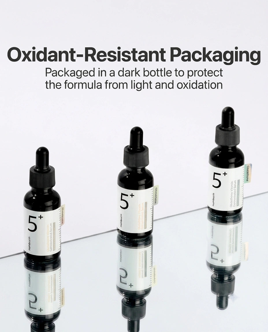 Three small dark dropper bottles labeled 5+ arranged on a reflective surface with text above reading 'Oxidant-Resistant Packaging' and 'Packaged in a dark bottle to protect the formula from light and oxidation.'.