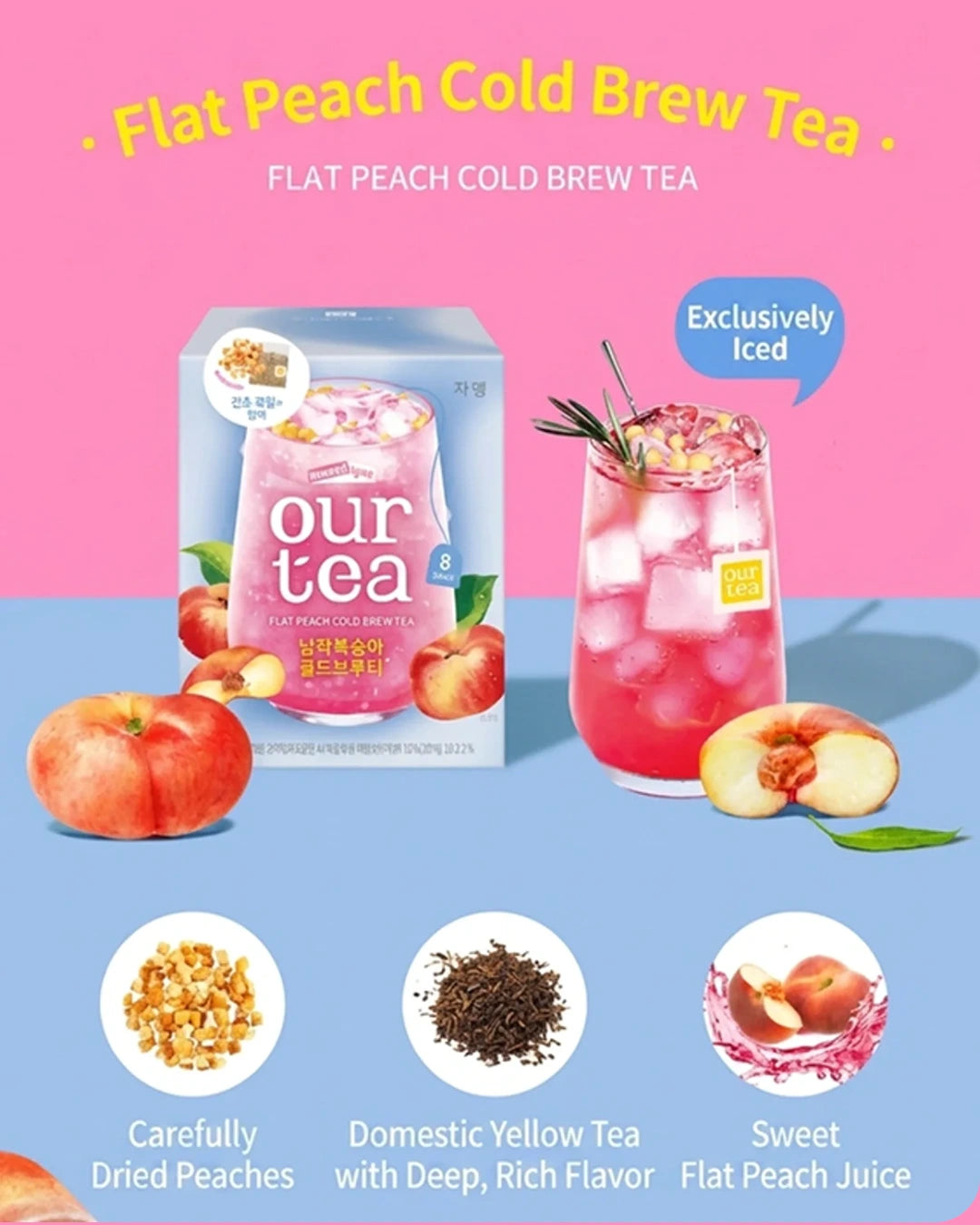 Flat Peach Cold Brew Tea promotional graphic showing the product box, a pink iced tea drink in a glass, peaches, and ingredient icons on a pink and blue background. Text reads 'Flat Peach Cold Brew Tea' and 'Exclusively Iced'.
