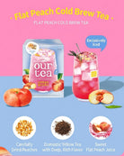 Flat Peach Cold Brew Tea promotional graphic showing the product box, a pink iced tea drink in a glass, peaches, and ingredient icons on a pink and blue background. Text reads 'Flat Peach Cold Brew Tea' and 'Exclusively Iced'.