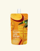 A squeeze pouch of sugarald Konjac Jelly Mango on a solid cream-colored background. The packaging features a vibrant orange and yellow mango graphic with a white spout cap.
