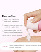 How-to-use graphic showing a hand squeezing a pink bottle to dispense white cream onto another hand, with text instructions on a pale pink background.