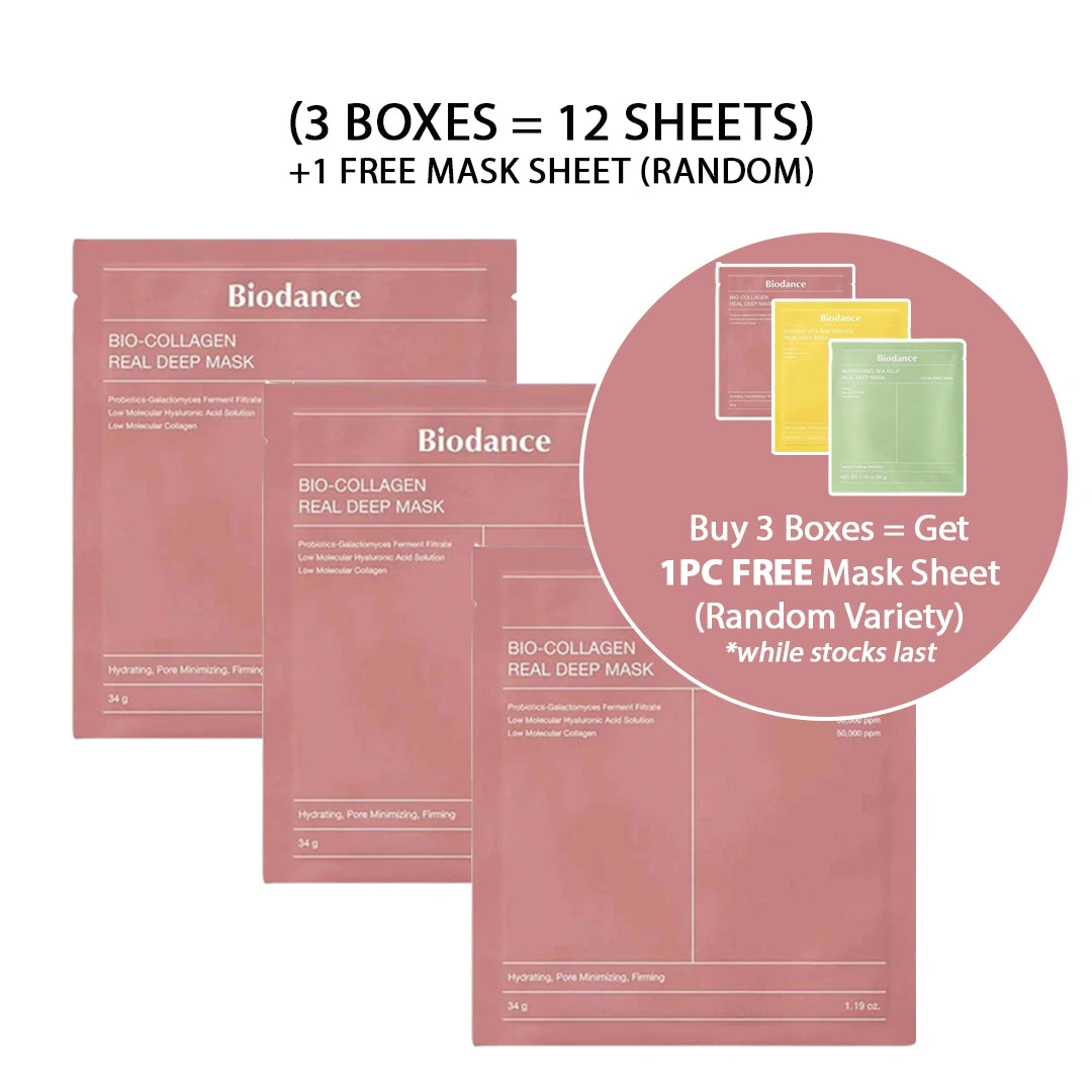 Biodance Bio-Collagen Real Deep Mask packaging with promotional text on a white background