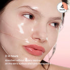 Woman's face with transparent patches on her skin, showing absorption over 3-4 hours.