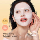Woman wearing a collagen mask with promotional text on a beige background