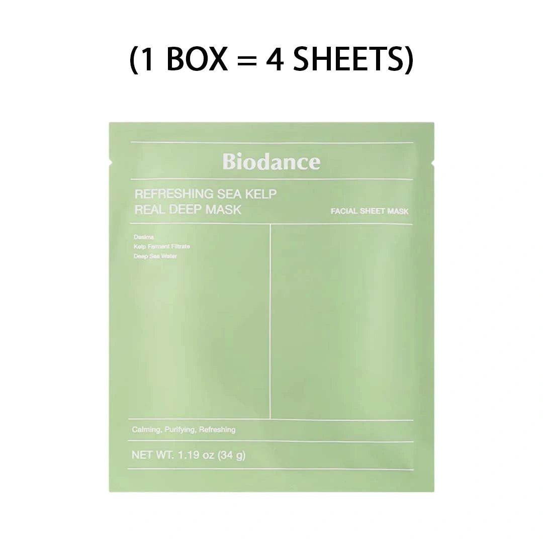 Green facial sheet mask packaging with 'Biodance' branding on a white background.