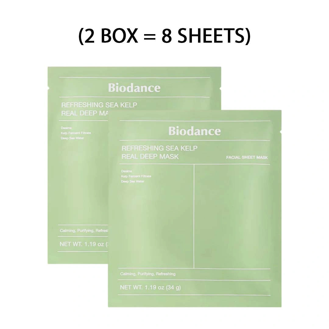 Two Biodance facial sheet masks on a white background with text indicating two boxes contain eight sheets.