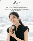 A woman in a black dress holds a small cosmetic ampoule bottle with a gold cap in front of a bright window. The image includes the brand name KOY at the top and a quote about the product.