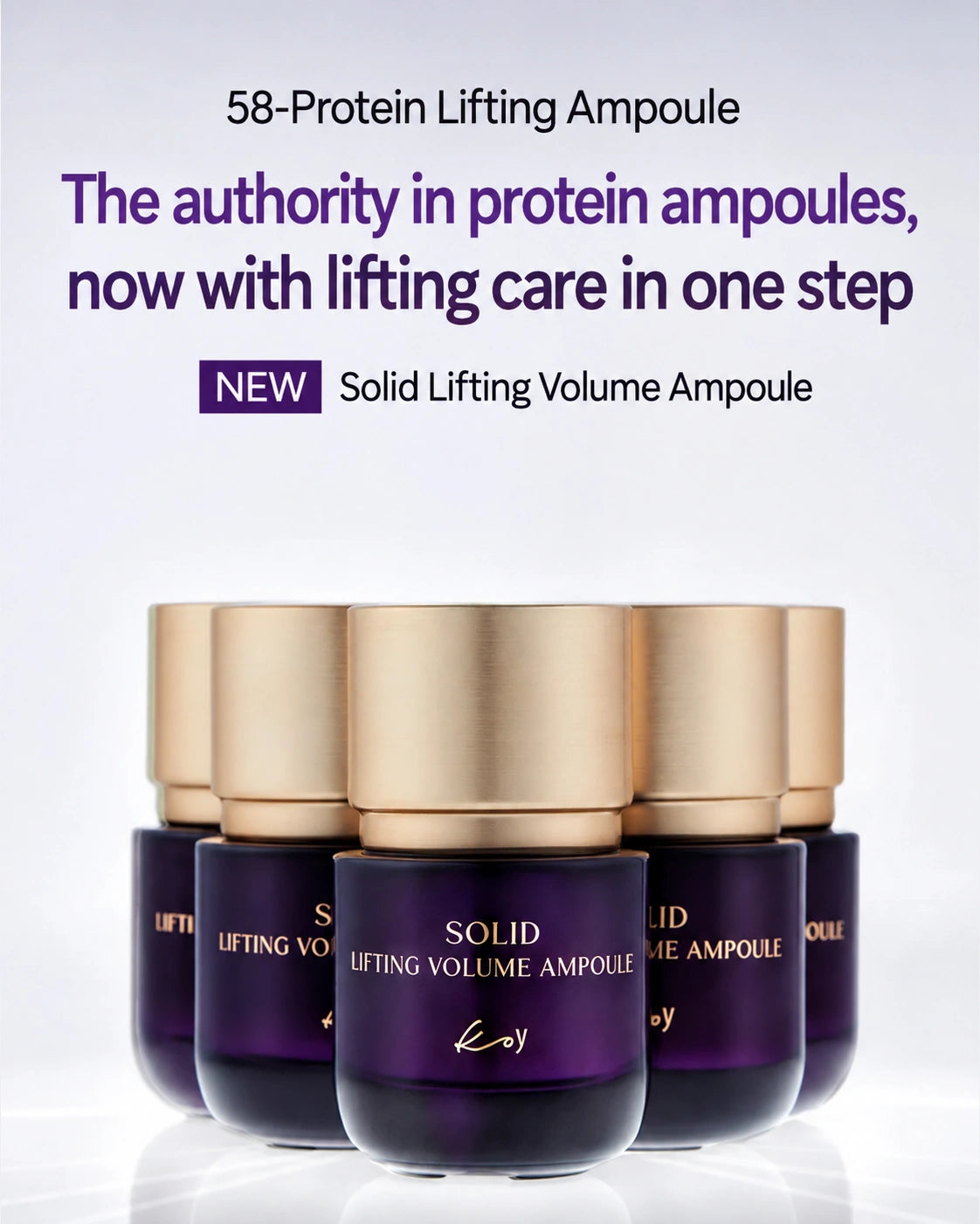 Four purple and gold cosmetic ampoules arranged in a row on a light gray background with promotional text above. The front ampoule is centered and labeled 'SOLID LIFTING VOLUME AMPoule' with a small script brand mark below it.