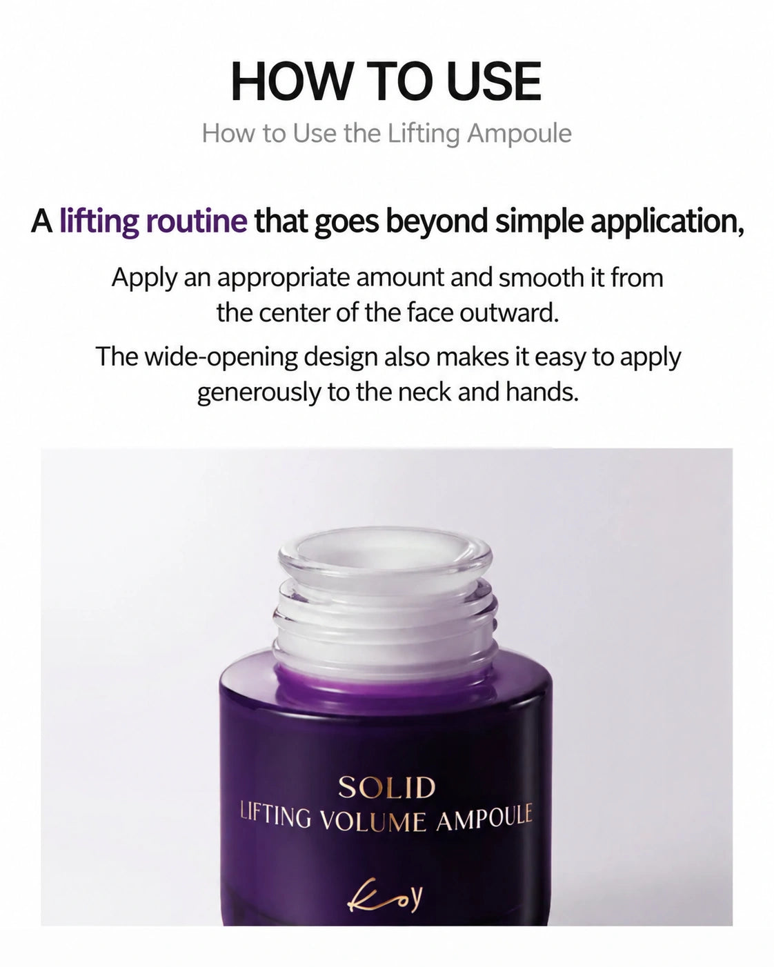 Instructional graphic with text explaining how to use a lifting ampoule, above a photo of a purple bottle labeled 'SOLID LIFTING VOLUME AMPoule' and 'koy'.