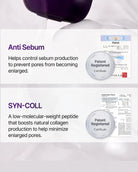 A promotional graphic with two text panels on a white background. The top panel shows part of a dark purple bottle and mentions anti sebum and a patent certificate.