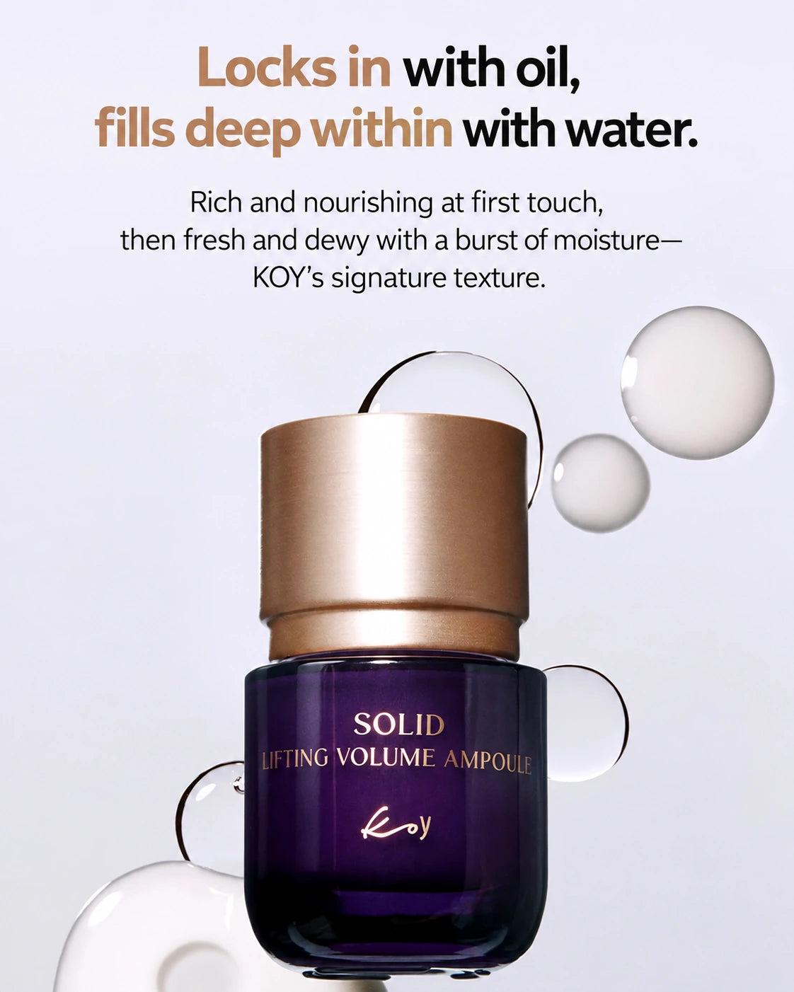 Koy Solid Lifting Volume Ampoule in a deep purple bottle with a metallic gold cap, surrounded by floating oil droplets on a light gray background with promotional text.