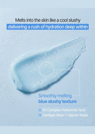 Blue slushy texture on a light blue background with text about hydration and product ingredients.