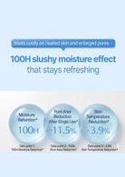 Product advertisement with text about 100H slushy moisture effect on a blue background