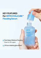 DPPR Hyalcube Flooding Serum bottle held by a hand with product features listed.