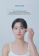 Woman applying toner to her face with text on how to use it.