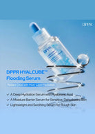 D DPR Hyalcube Flooding Serum bottle with droplet on blue background