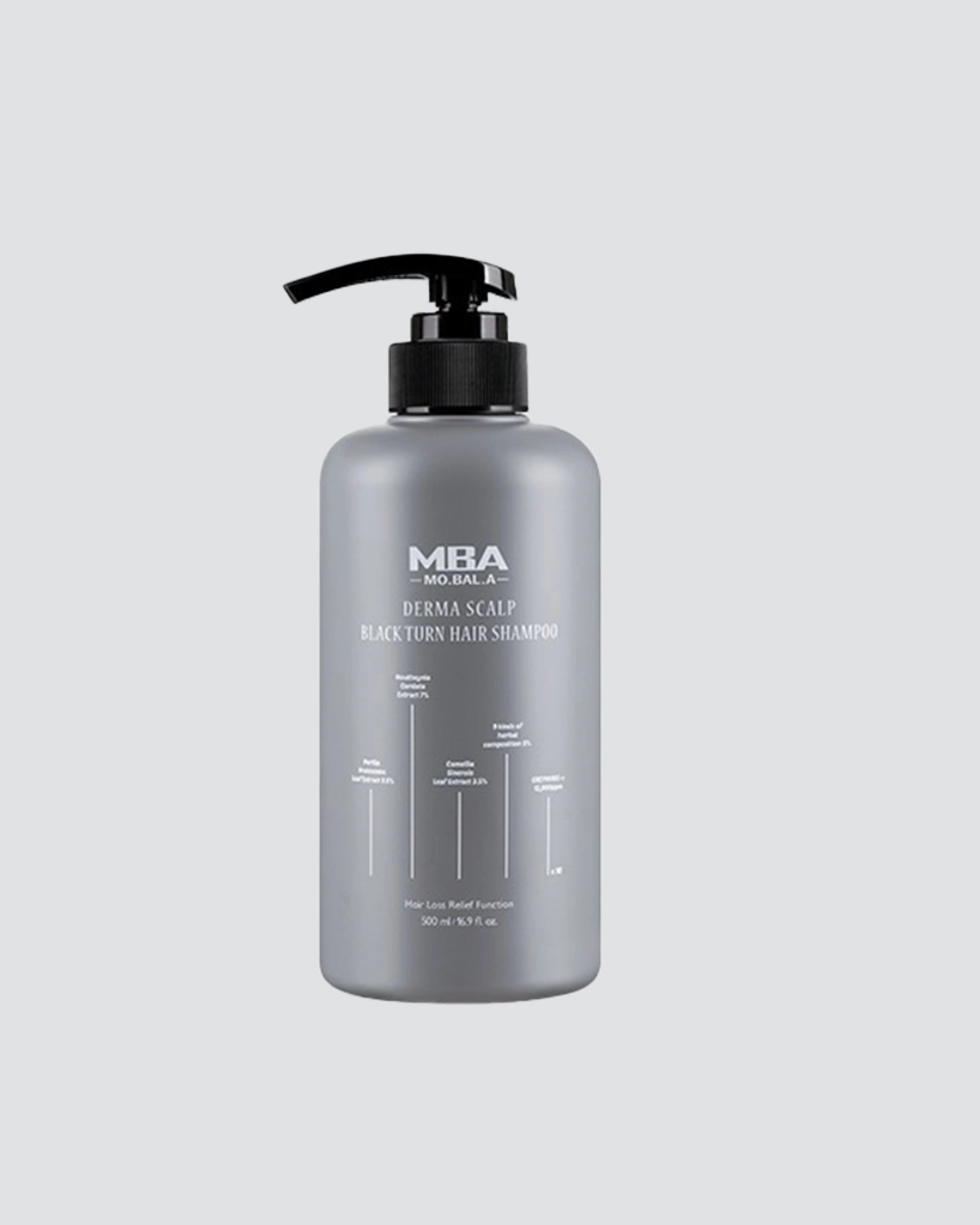 A gray pump bottle of MBA for All. DC Derma Scalp Black Turn Hair Shampoo, centered on a light gray background.
