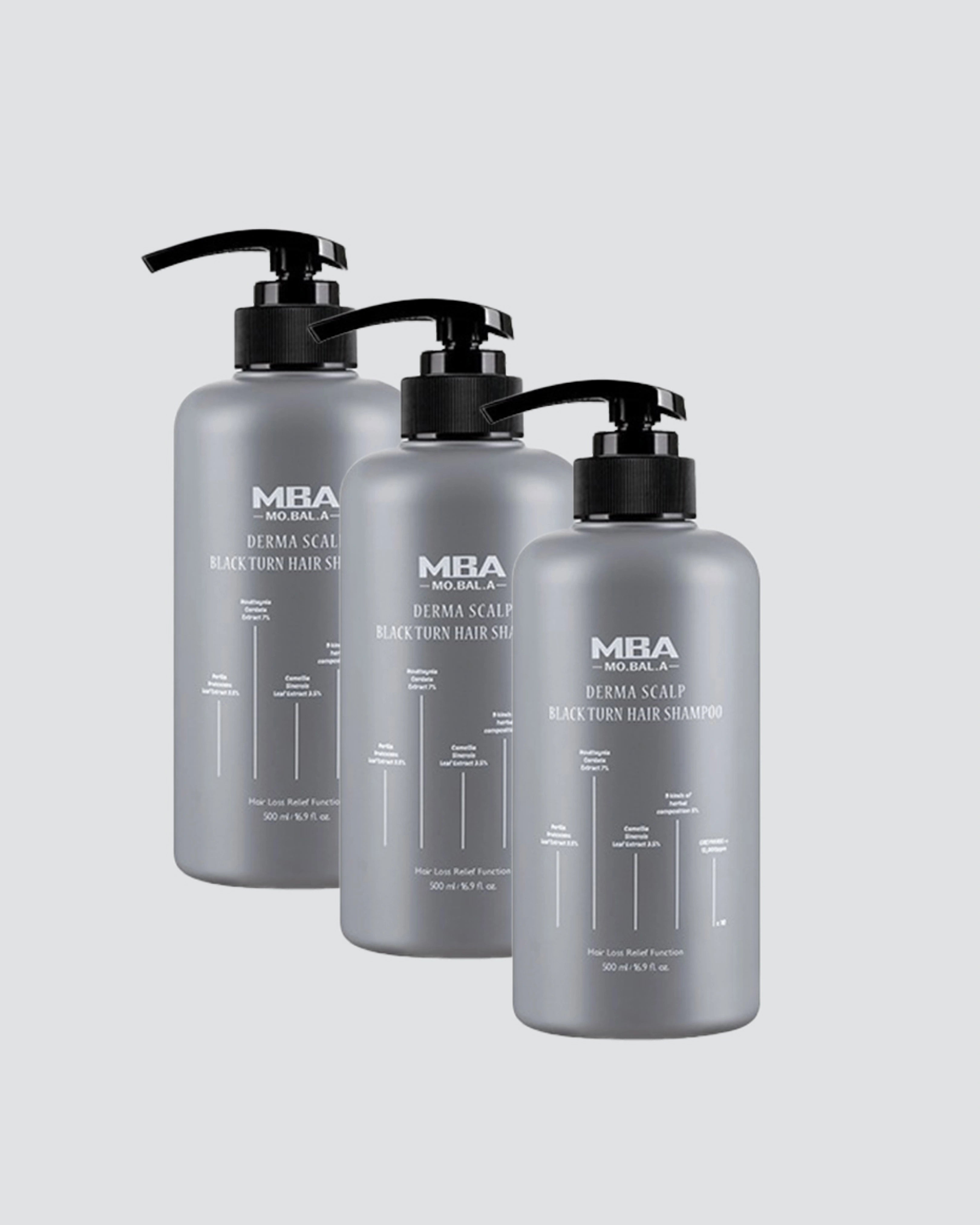 Three gray pump bottles of MBA Professional Black Scalp Hair Shampoo arranged in a row against a light gray background.