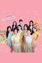 Group of women posing with Kombucha products on a pink background