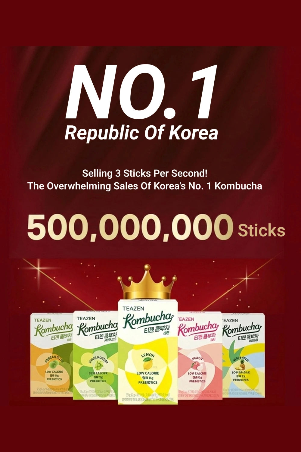 Promotional poster for a kombucha product with text about sales and packaging on a red background.