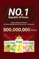 Promotional poster for a kombucha product with text about sales and packaging on a red background.