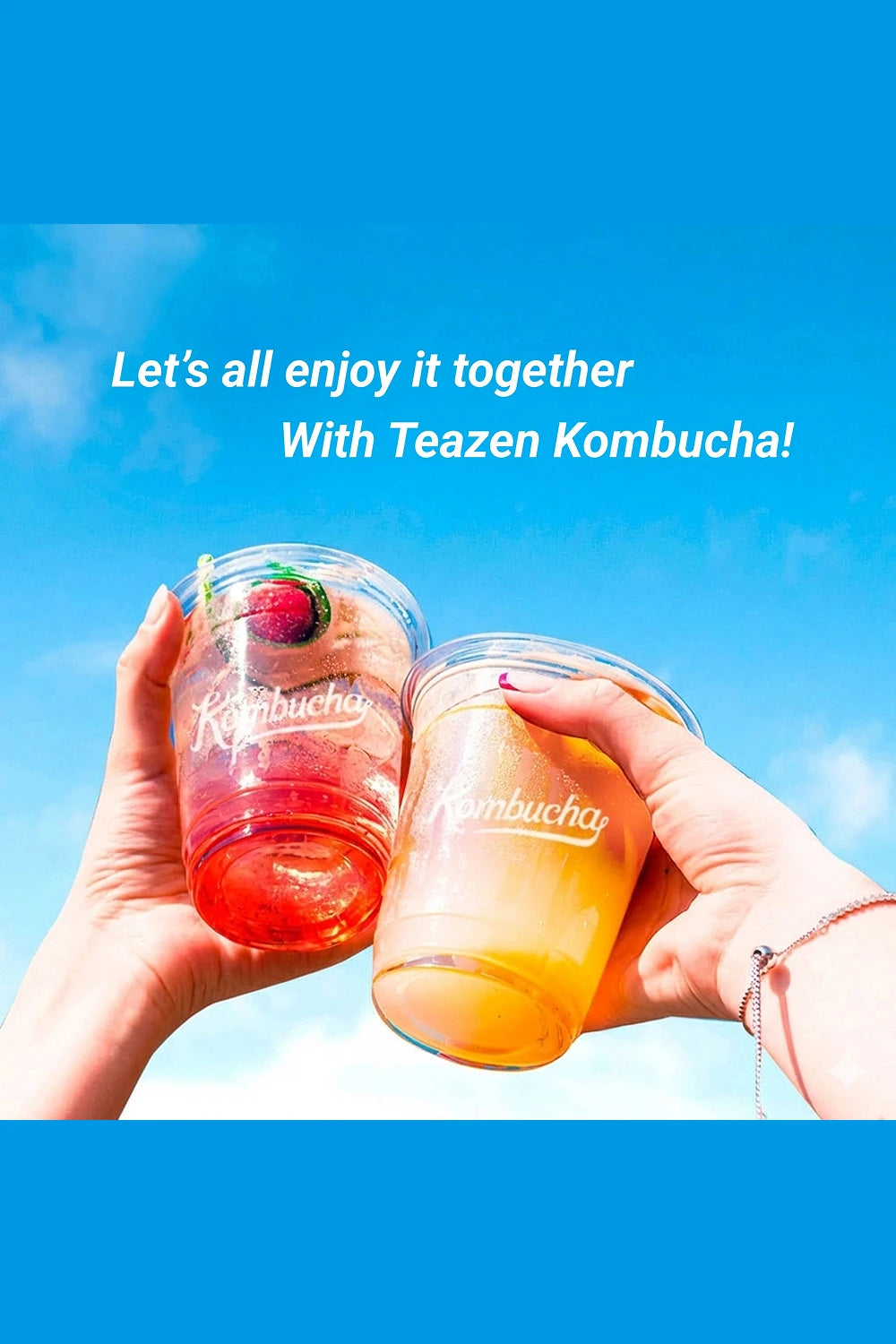 Two hands holding kombucha cups with a blue sky background and text promoting Teazen Kombucha.