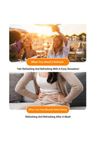 Two people enjoying a sunny outdoor setting with text about refreshing drinks.