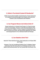 Text-based image with questions about alcohol content, consumption by pregnant women and infants, and suitability for diabetics.