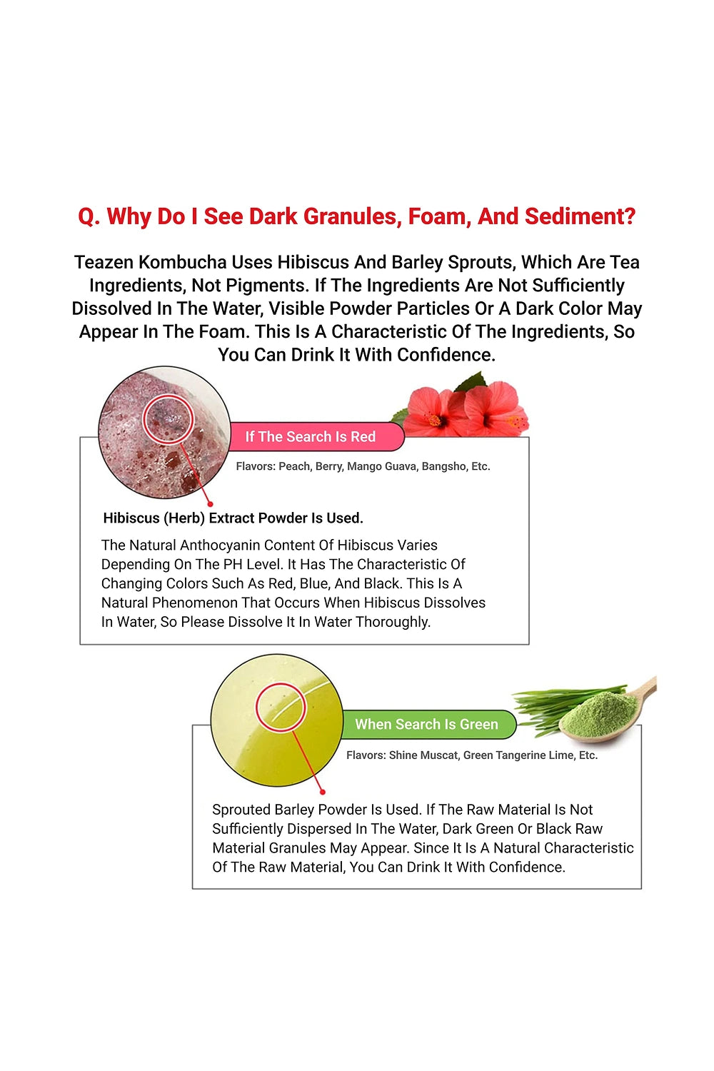 Explanation of dark granules, foam, and sediment in Teazen Kombucha with text and graphics.